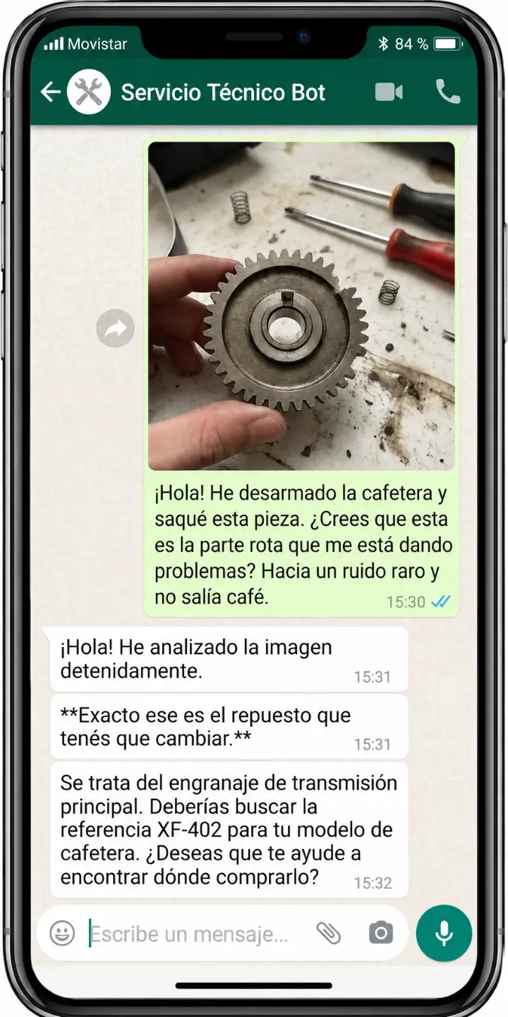 Cliente enviando la foto de un repuesto de cafetera por WhatsApp y el bot identificándolo