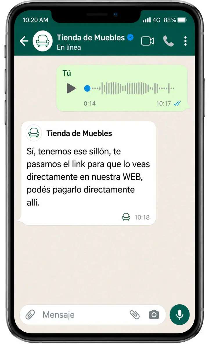 Cliente preguntando por un sillón con una nota de voz y el bot respondiendo con el link del producto