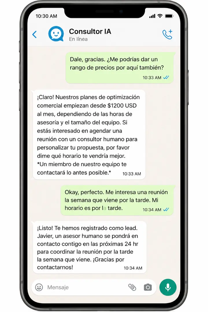 Conversación B2B donde el bot atiende fuera de horario, cotiza y agenda una reunión con un asesor