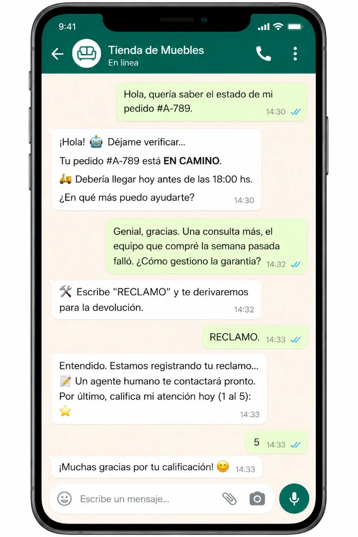 Conversación de post-venta: estado del pedido, garantía, reclamo y encuesta de satisfacción