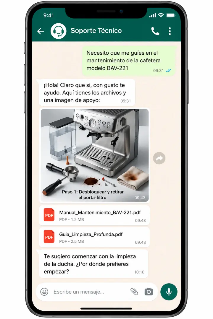 Soporte técnico consultando el mantenimiento de una máquina con guías en PDF por WhatsApp